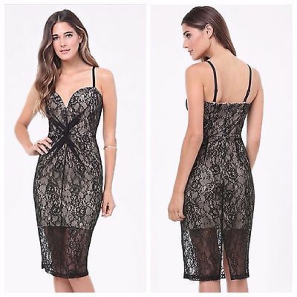 NWT BEBE 0 XS Black Dress Lace Overlay Stretchy Detachable Straps Strapless